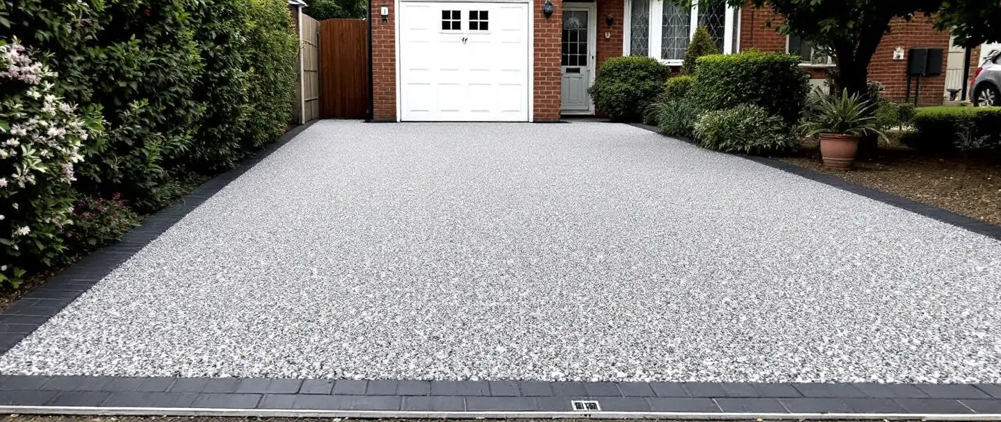 Finished resin bound driveway with block edging and a drainage channel
