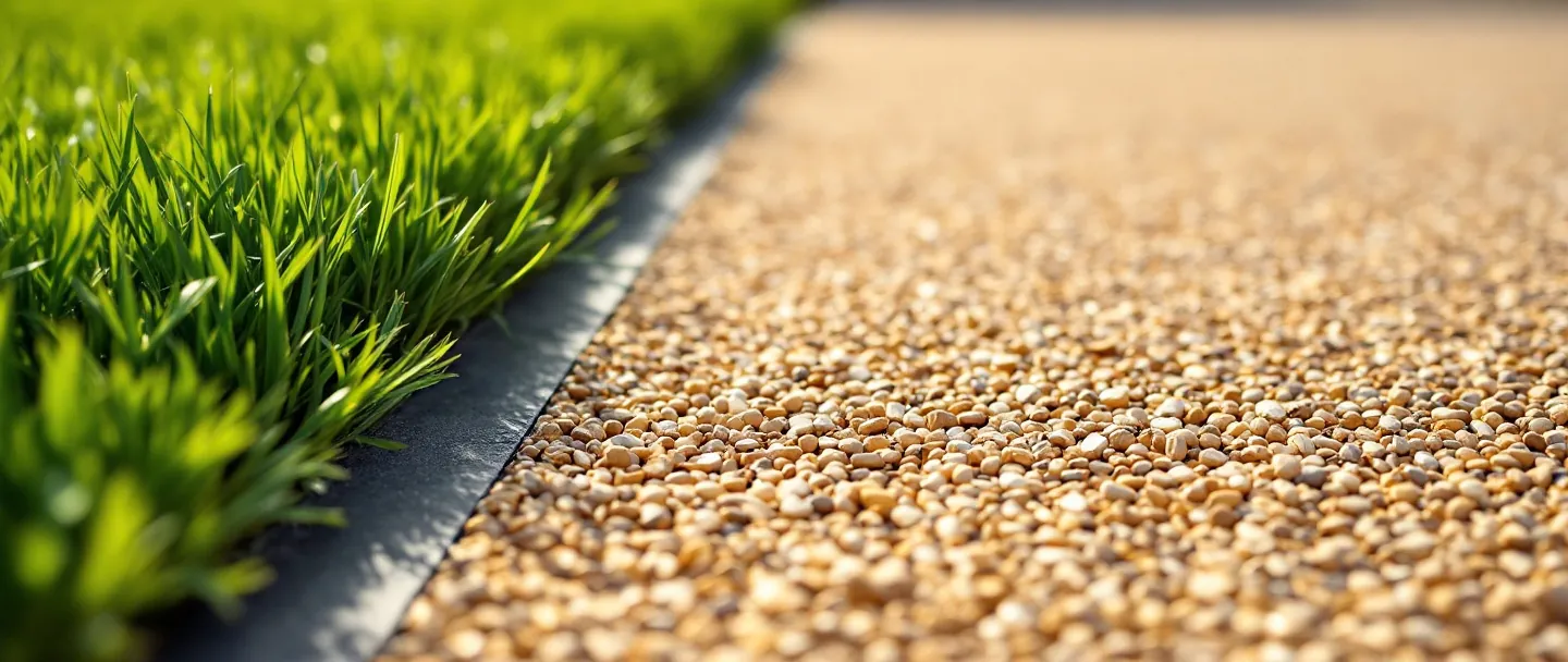 Resin patio meeting a lawn with a neat metal edging strip
