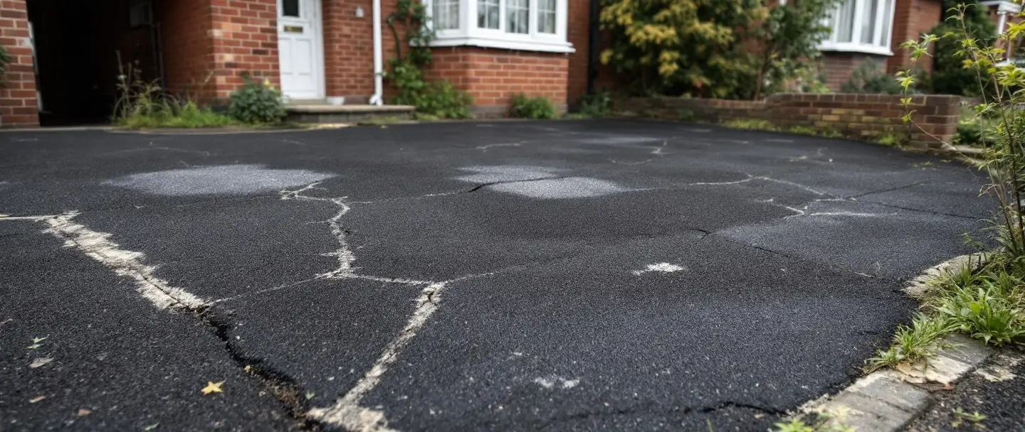 Cracked and patched old tarmac driveway before resurfacing